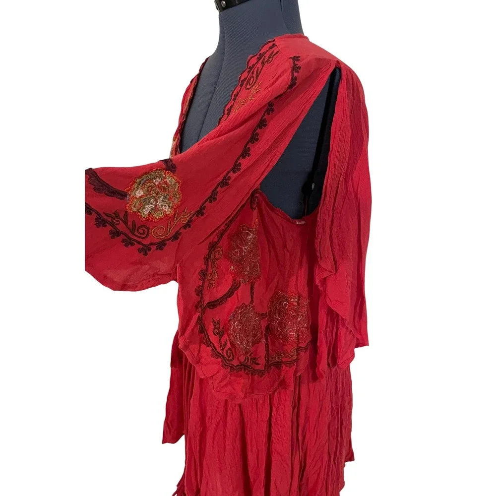 Free People Red Cora Dress Embroidered Split Sleeve Mini Fairy Festival Boho‎ XS